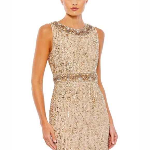 Mac Duggal Gold Embellished Sleeveless High Neck Midi Dress 2 - Picture 12 of 12